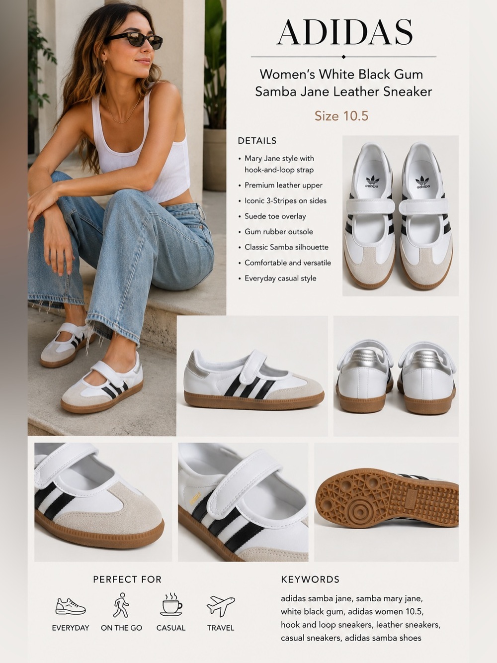 Adidas Women's White Black Gum Samba Jane Leather Sneaker Shoes Size 10.5 NWOT